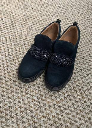 Женские замшевые темно-синие туфли на низком ходу броги,38-39р2 фото