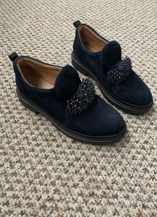 Женские замшевые темно-синие туфли на низком ходу броги,38-39р1 фото