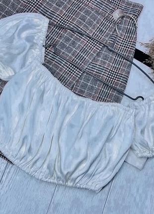 Нова літня блуза zara m біла блуза сатинова коротка блуза з рукавами ліхтариками блуза зара