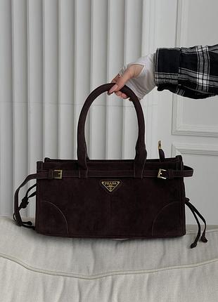 Сумка женская prada medium suede tote bag через плечо шоколад прада