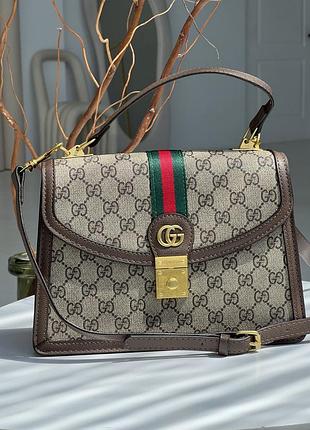 Сумка жіноча gucci ophidia web small top handle bag коричнево-сірий через плече гуччі