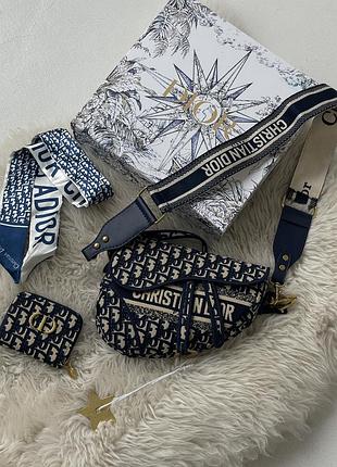 Женская сумка седло кристиан диор синий. подарочный набор dior saddle женский 4 предмета