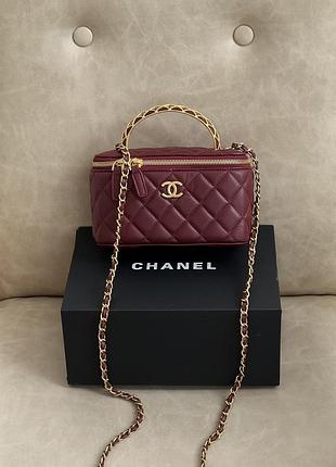 Сумка жіноча клатч chanel classic lambskin pearl crush vanity bag premium бордовий з ручкою шанель