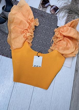 Нова літня блуза zara s m в’язана блуза коротка помаранчева блуза зара блуза з об’ємними шифоновими рукавами