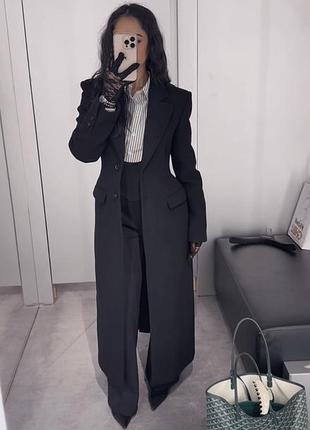 Приталене вовняне шерстяне пальто чорне довге zara