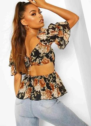 Эффектная блуза со шнуровкой на спине, boohoo, р.14, 42 евро, наш 44-50, чёрный коричневый