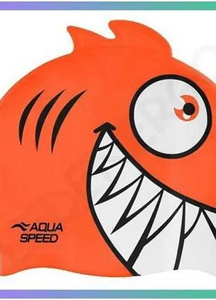 Шапка для плавання aqua speed zoo pirana силіконова помаранчева для дітей 4-8 років з веселим принтом sku_246-75