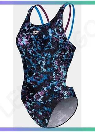 Купальник закритий arena rockin swim tech чорний синій фіолетовий для жінок з високим вирізом ноги upf sku_008159-889