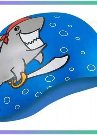 Шапка для плавания aqua speed kiddie shark силиконовая для детей 4-8 лет синяя защита волос в бассейне sku_142-shark