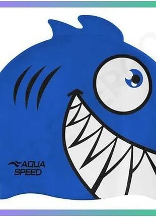 Шапка для плавання aqua speed zoo pirana силіконова синя з веселим принтом для дітей 4-8 років sku_246-01