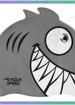 Шапка для плавання aqua speed zoo pirana силіконова з принтом для дітей 4-8 років сірого кольору sku_246-26