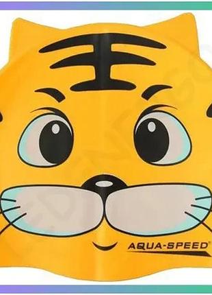 Шапка для плавання aqua speed zoo cat жовтий кіт дитяча силіконова шапочка для басейну з веселим дизай sku_115-cat