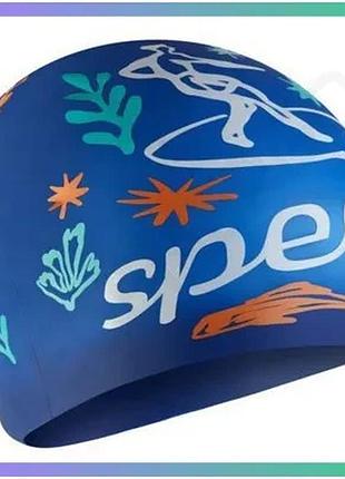 Шапка для плавання speedo slogan prt cap синя біла для дітей з силікону комфортна шапочка для басейну sku_8-0838616700