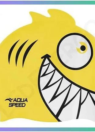 Шапка для плавання aqua speed zoo pirana 9700 жовта силіконова шапочка для дітей 4-8 років з принтом п sku_246-18