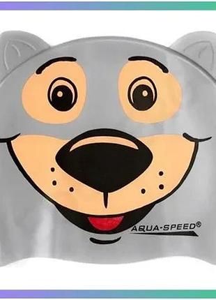 Шапка для плавання aqua speed zoo bear сірий ведмідь силіконова для дітей з 3d дизайном для басейну sku_115-bear