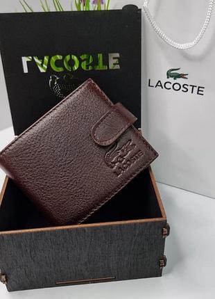 Чоловічий шкіряний гаманець темно коричневий lacoste брендове портмоне з монетницею на кнопці і відділеннями для докуметів