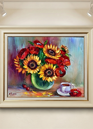 Подсолнухи с маками, натюрморт,оргалит, 35х45