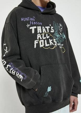 Худи мужской pull &amp; bear looney tunes с эффектом потертости и принтом с капюшоном 40-42 размер