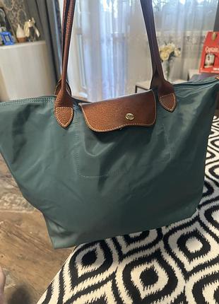 Longchamp le pliage в бирюзовом цвете с коричневыми кожаными деталями