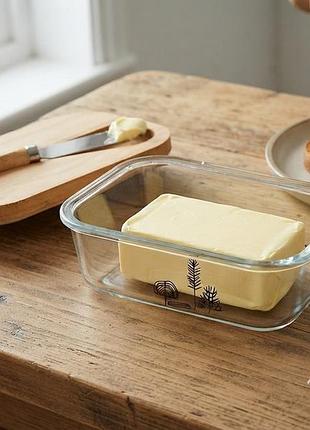 Маслянка скляна butter з бамбуковою кришкою та ножем 10,5×14,5×6 см для зберігання вершкового масла