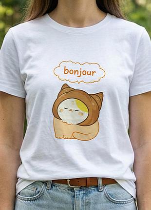 Футболка с принтом пуффа котик круассан bonjour
