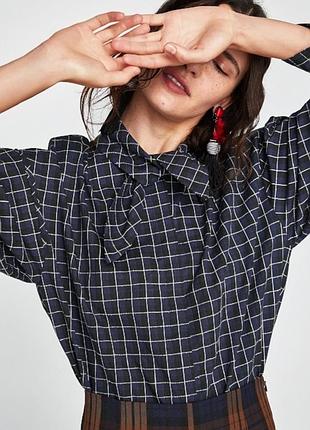 Zara блузка в клетку синяя хлопок блуза рубашка с бантиком на шее в стиле кантри в винтажном стиле рубашка