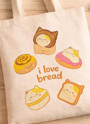 Шоппер эко-сумка с принтом котик пуффа хлеб i love bread