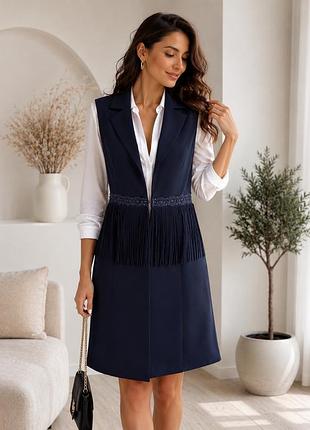 Сукня-жакет avana m темно-синя міді з бахромою та стразами blazer dress жилет плаття піджак діловий стиль