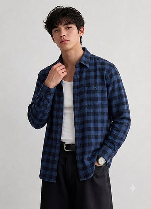 Мужская фланелевая рубашка в клетку uniqlo (размер m, 100% хлопок)
