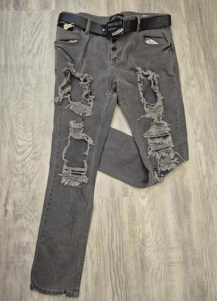 Стильные рваные джинсы с ремнем в подарок | серые skinny red blue denim