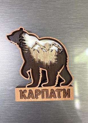 Магніт дерев’яний сувенір карпати ведмідь 🐻 на холодильник з дерева 8х6х1 см