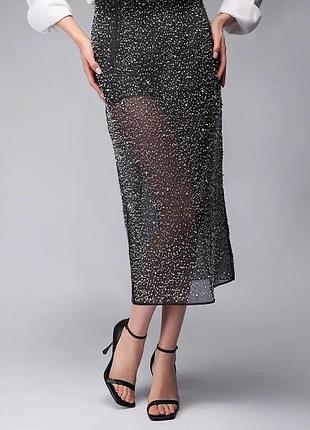 Стильна розкішна спідниця h&m edition maje ba&sh з бісером та паєтками, чорна максі