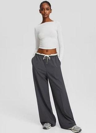 Сірі жіночі широкі котонові штани боюки палаццо зара zara з подвійною білою резинкою і високою талією, нові,р.м.