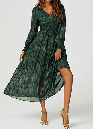 Вечернее нарядное пышное длинное платье fs collection изумрудное зеленое платье с золотом 48-50 блестящее с v-образным вырезом струящееся на свадьбу