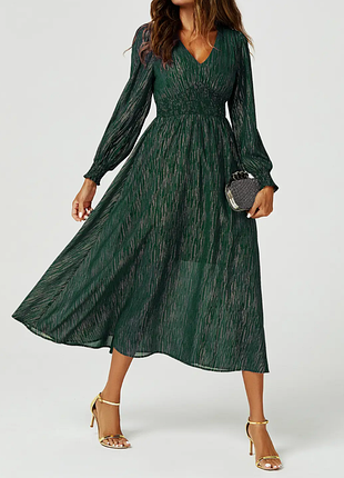 Вечернее нарядное пышное длинное платье fs collection изумрудное зеленое платье с золотом 48-50 блестящее с v-образным вырезом струящееся на свадьбу