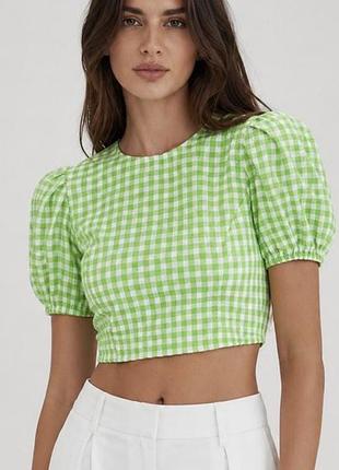 Топ блуза bershka, s, m, l, зелёный в белую клетку, рукава фонарики, открытая спина на завязках, кроп топ, укороченный топ рубашка, блузка, футболка