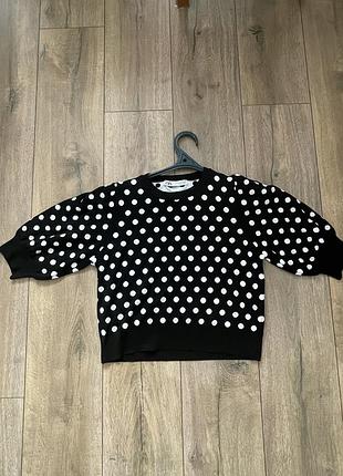 Zara чорний трикотажний топ у білий горошок з об'ємними рукавами