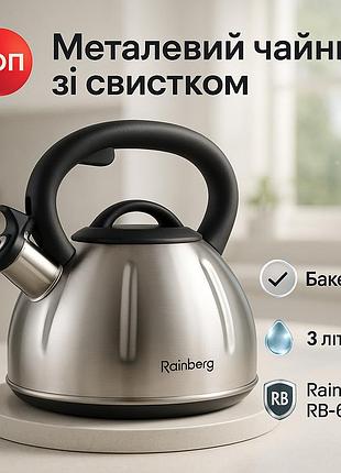Чайник из нержавейки с бакелитовой ручкой, чайник со свистком с тяжелым дном на кухню 3 л au-44