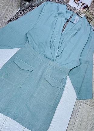 Літня сукня asos m м’ятна сукня лляна коротке плаття з накладними кишенями плаття на запах з вирізом