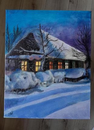 Зимний вечер. оригинальная живопись маслом на холсте, 40×50 см