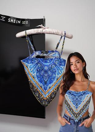 Топ хустка shein синій топ-хустка на бретелях з візерунком пейслі орнаментом бандо бандана топ-бандана