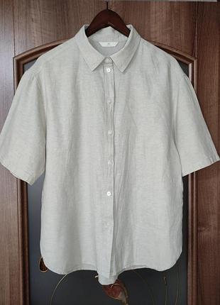 Бежевая льняная рубашка с коротким рукавом h&amp;m (лен, хлопок)