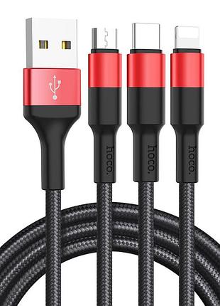 Дата кабель hoco x26 xpress 3in1 usb to lightning/type-c/microusb 2a (1.2m) черный / красный
