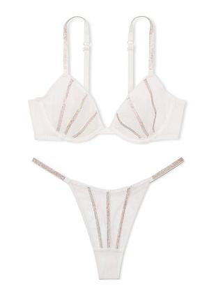 Белый комплект со стразами victoria’s secret оригинал very sexy sheer shine unlined low-cut demi