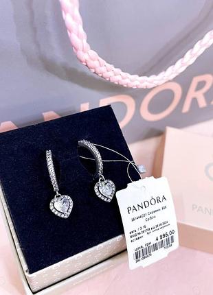 Пандора pandora оригинальная бирка серебряные серьги хупы сережки прозрачные сердца сердце сердечко с камнями серебро s925 ale новое