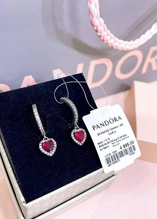 Пандора pandora оригинальная бирка серебряные серьги хупы сережки красные сердца сердце сердечко красное с камнями серебро s925 ale новое