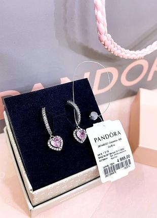 Пандора pandora оригинальная бирка серебряные серьги хупы сережки розовые сердца сердце сердечко розовое с камнями серебро s925 ale новое