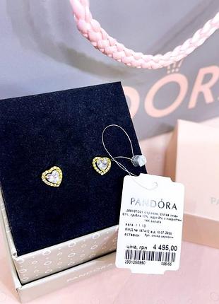 Пандора pandora оригинальная бирка серебряные серьги гвоздики сережки прозрачные сердца сердце с камнями позолота золото серебро s925 ale новое