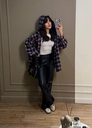 Сорочка з фланелі в клітинку з подвійним капюшоном, осінь/зима, чорний з рожевим, розмір s-l