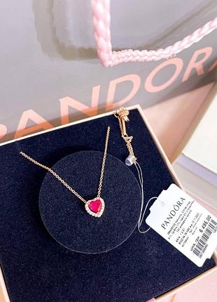 Пандора pandora оригинальная бирка серебряное ожерелье кулон колье подвеска  красное сердце с камнями розовое золото серебро s925 ale новое